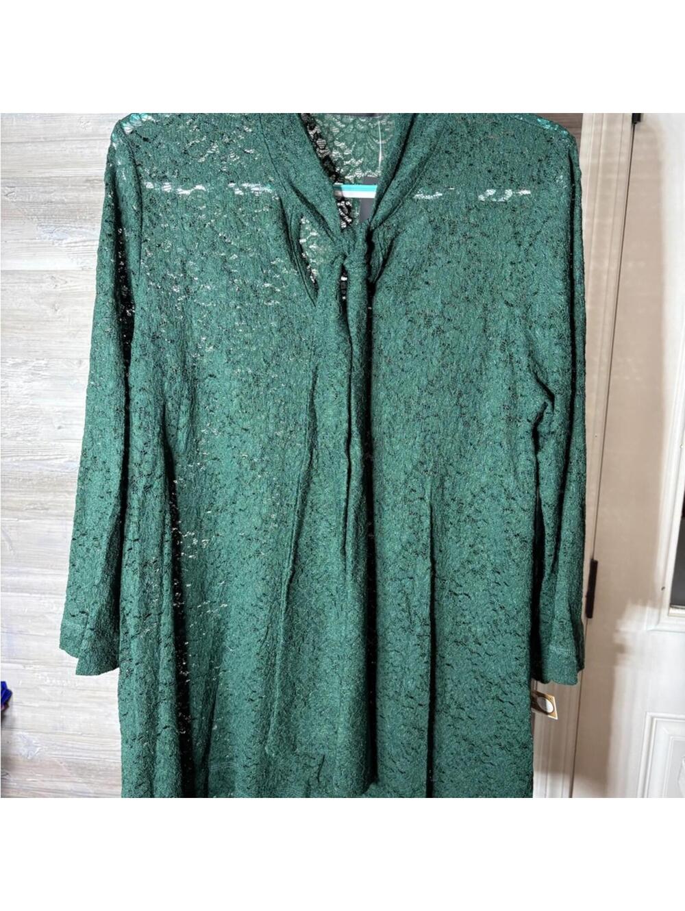 Nally & Millie Dark Green Lace Long Sleeve Blouse with Tie Neck 986